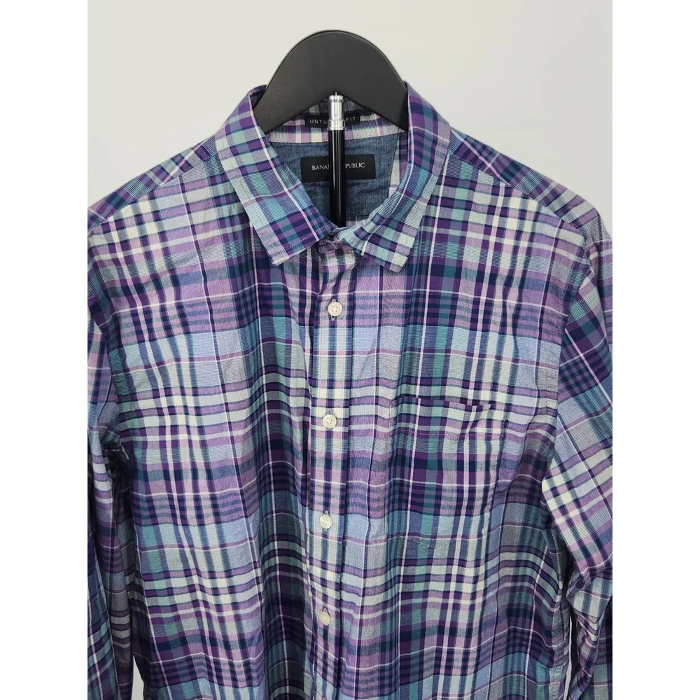 Banana Republic Mens Untucked Fit Plaid Button Down Shirt Purple Teal Large